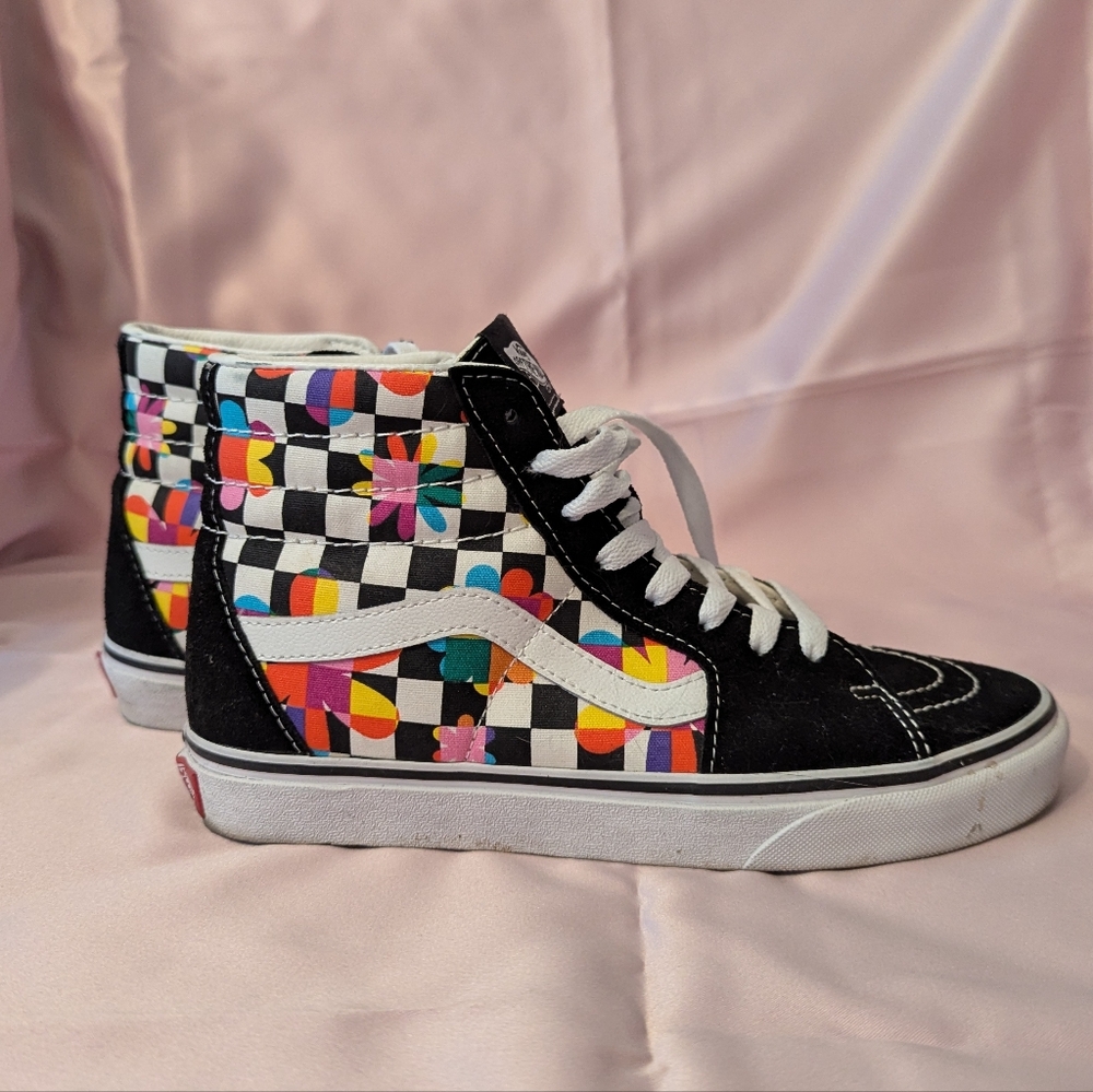 Vans Black and White Checkered Flowers High-Top Sneakers